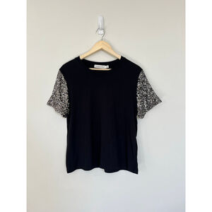 Rebecca Minkoff Black Sequin Short Sleeve Tee Going Out Top Elevated Casual